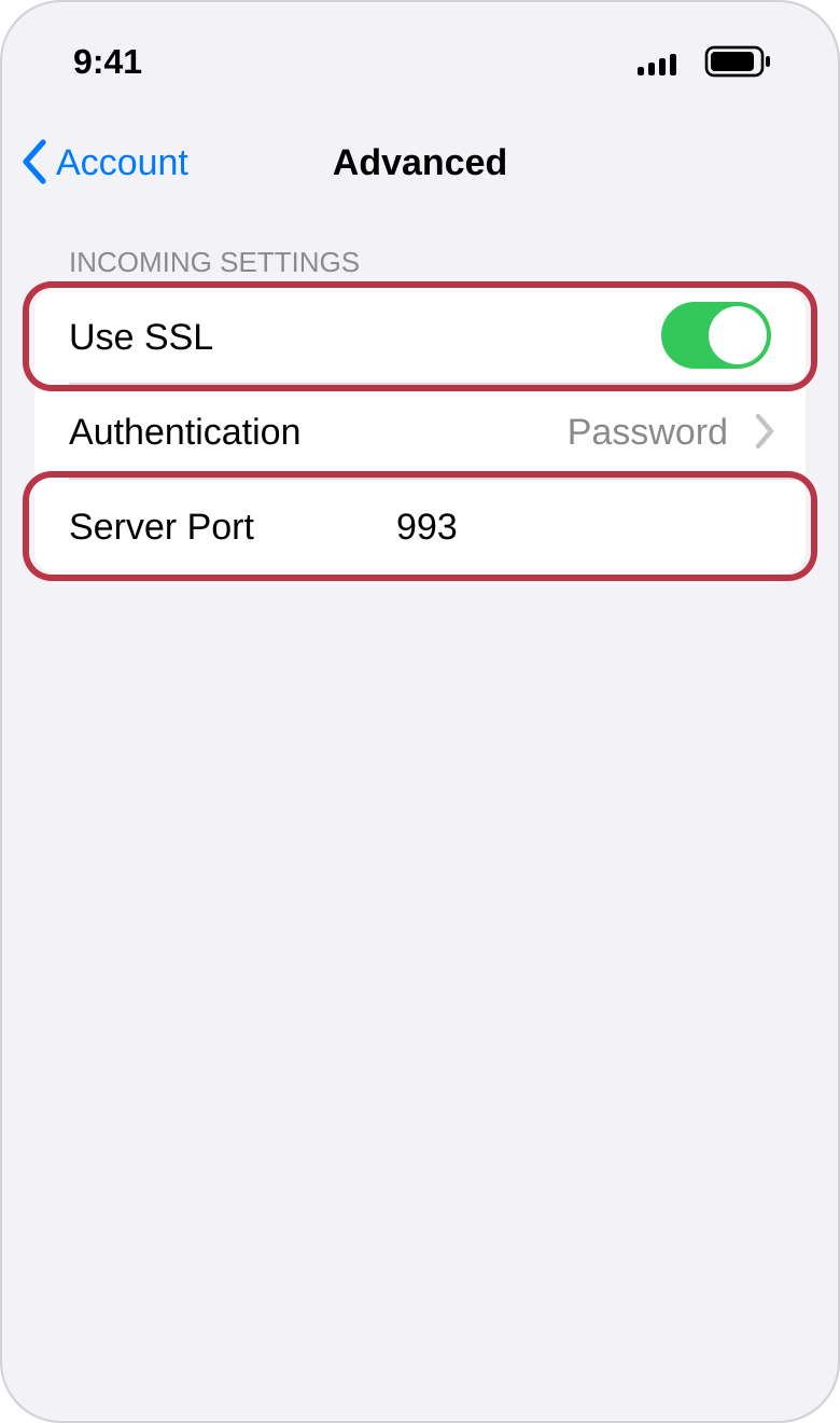 The "Advanced" screen: "Use SSL" on and port 993, both outlined