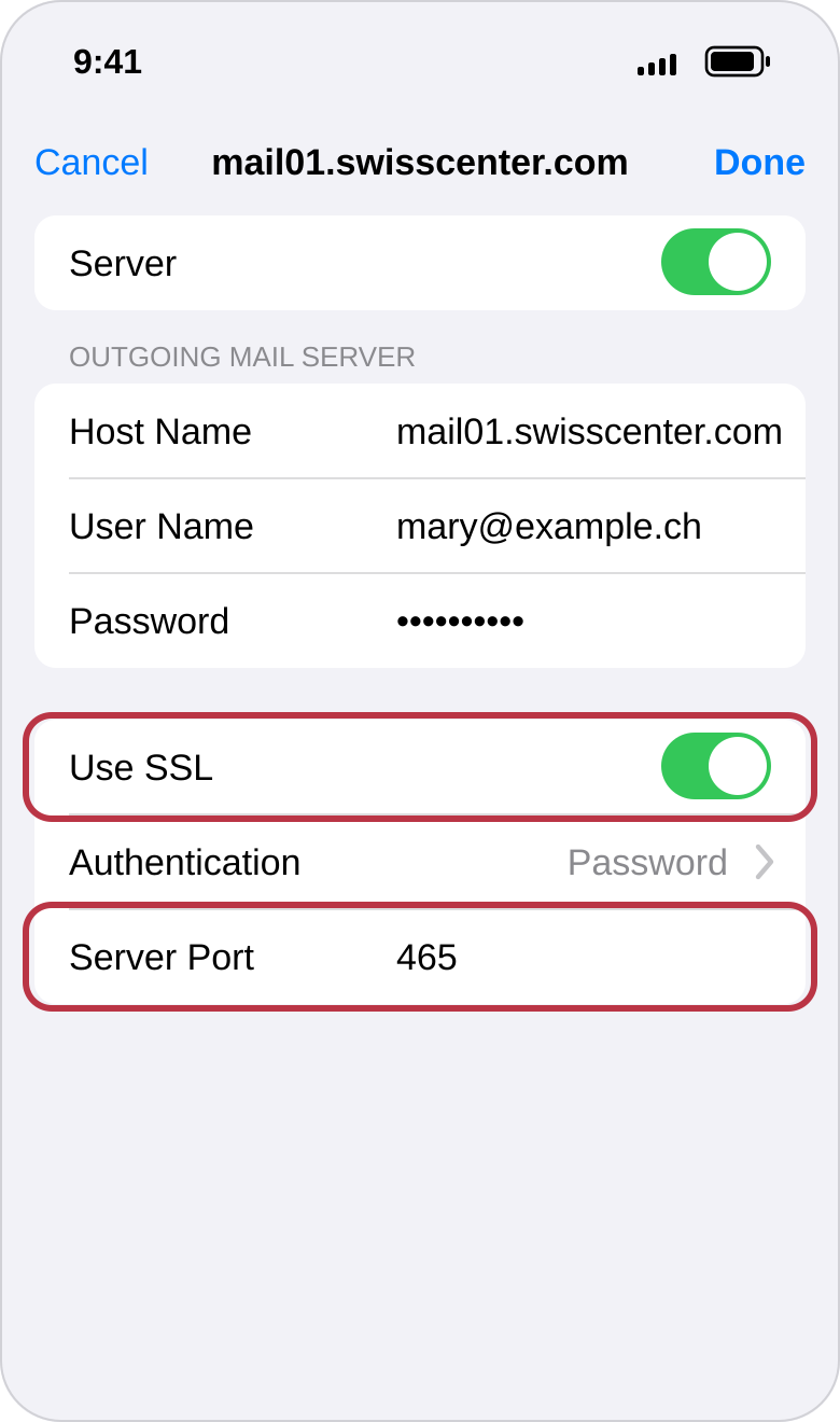 Outgoing server settings for mail01.swisscenter.com: "Use SSL" on and port 465, outlined