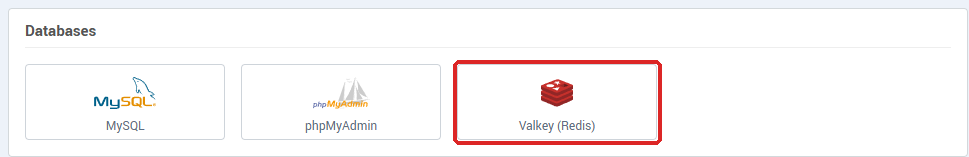 The Databases card in Hosting management, with the Valkey (Redis) button