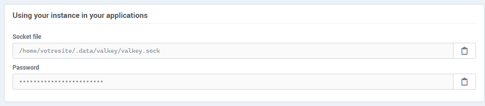 The Using your instance in your applications block: socket file and password
