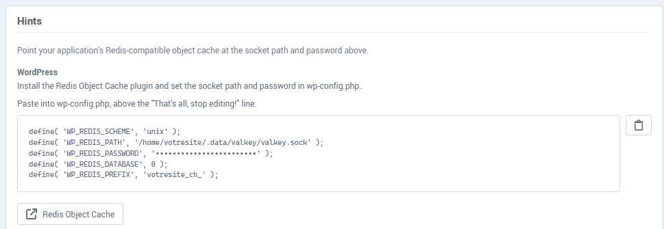 The Hints block with the ready-to-copy WordPress configuration