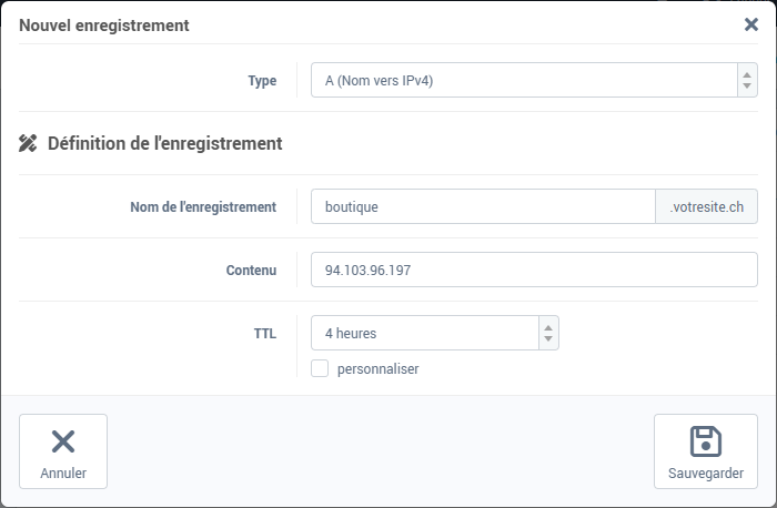 Le formulaire Nouvel enregistrement : type A, nom boutique, contenu une adresse IP