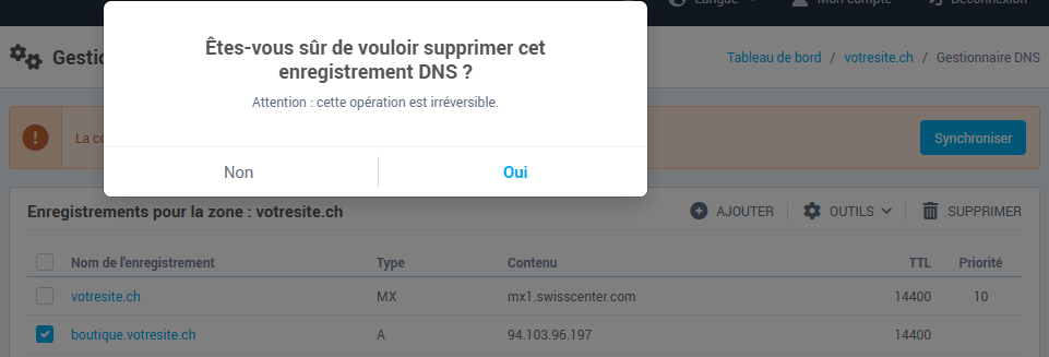 La confirmation de suppression d'un enregistrement DNS
