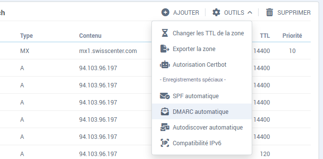 Le menu Outils du gestionnaire DNS