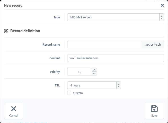 The New record form for an MX, with the Priority field