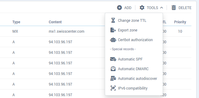 The Tools menu of the DNS manager