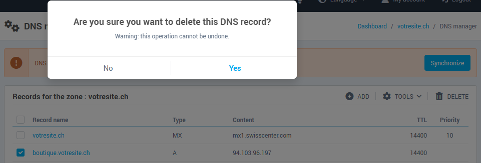 The confirmation for deleting a DNS record