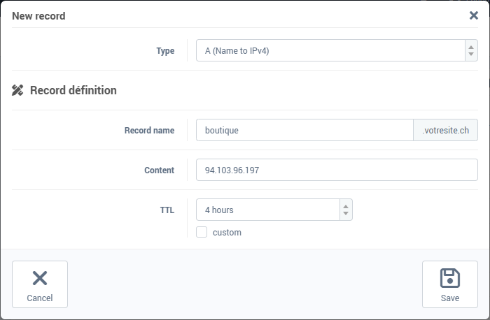 The New record form: type A, name boutique, content an IP address