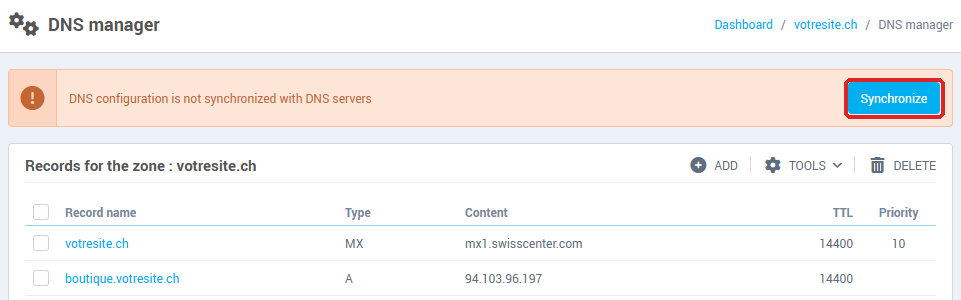 The DNS configuration is not synchronized with DNS servers banner, and its Synchronize button