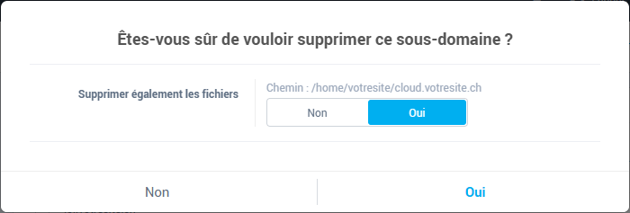 La confirmation de suppression, avec l'option Supprimer également les fichiers sur Oui par défaut