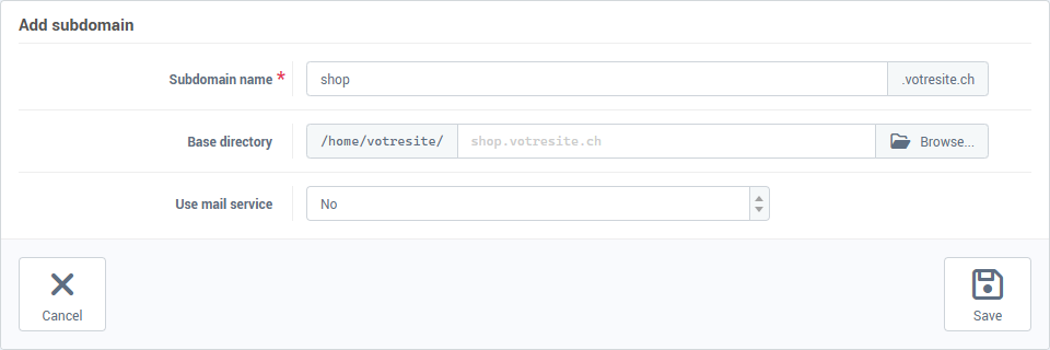 The Add subdomain form: name, base directory, mail service