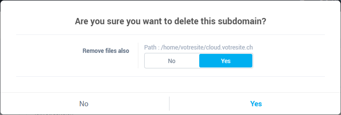 The delete confirmation, with Remove files also set to Yes by default
