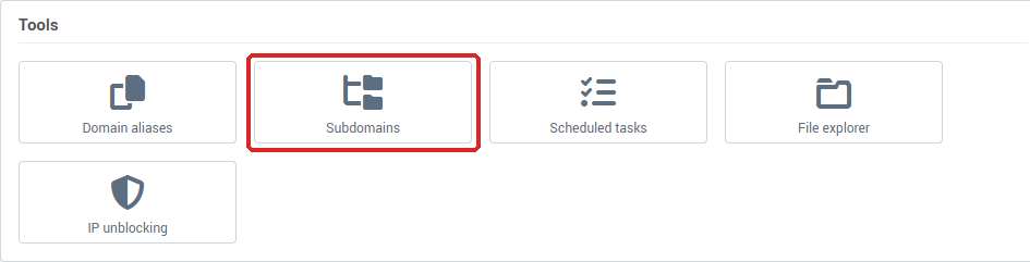 The Subdomains tile in the Tools card of Hosting management