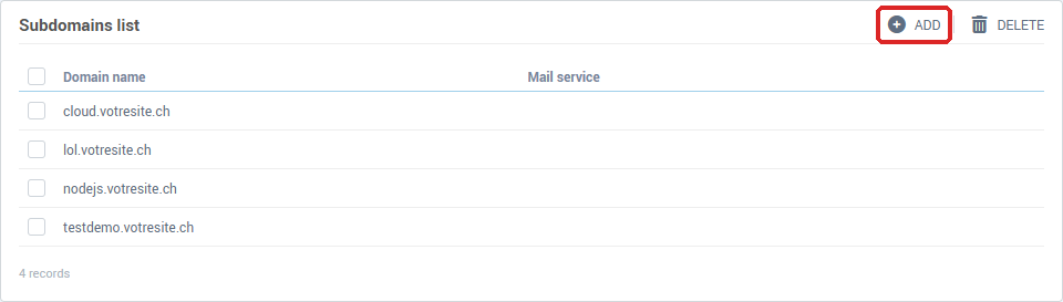 The list of subdomains, with the Add button