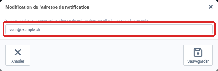 La fenêtre Modification de l'adresse de notification