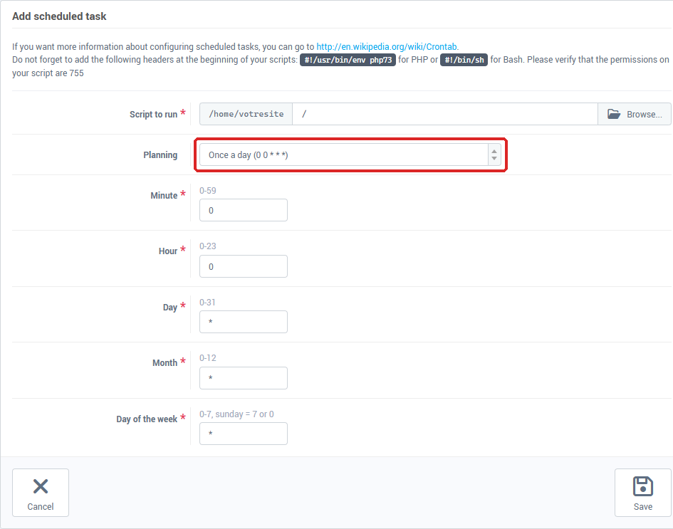 The Add scheduled task form: planning, minute, hour, day, month, day of the week and script to run
