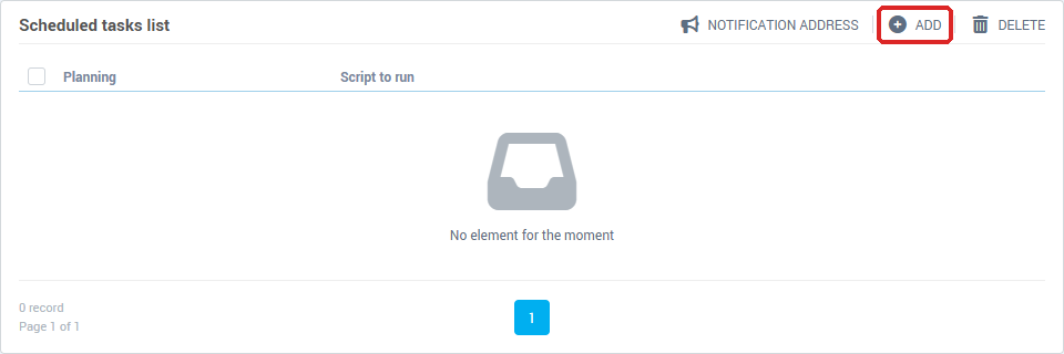 The scheduled tasks list, with the Notification address, Add and Delete buttons
