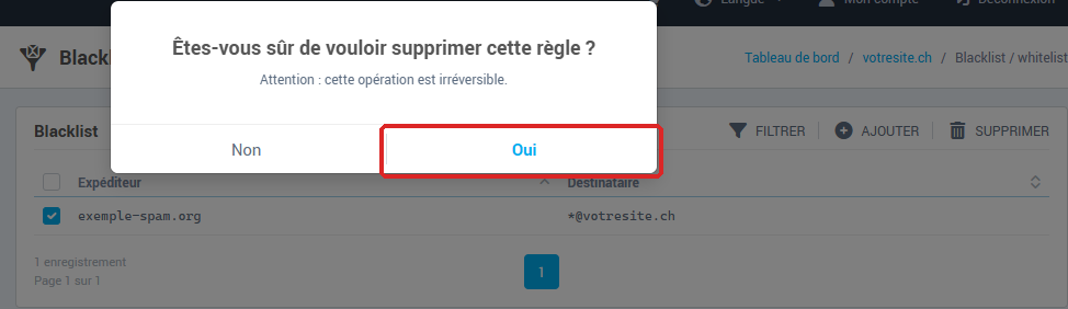 La confirmation de suppression d'une règle
