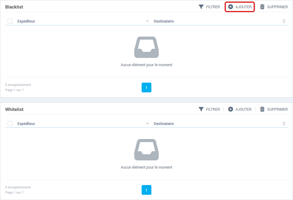 La page Blacklist / whitelist avec ses deux blocs, Blacklist et Whitelist