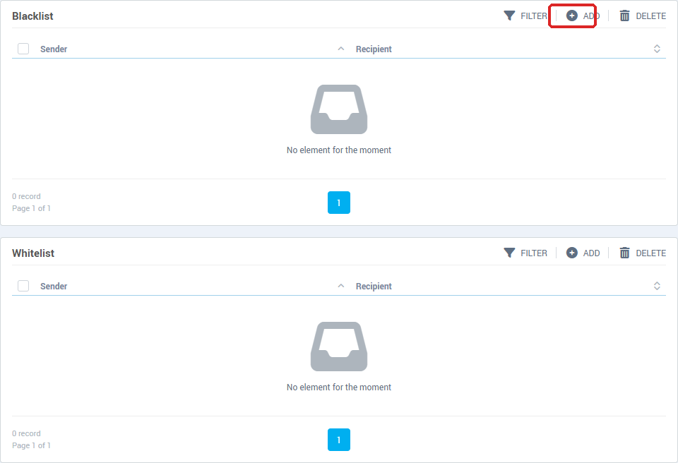 The Blacklist / whitelist page with its two blocks, Blacklist and Whitelist