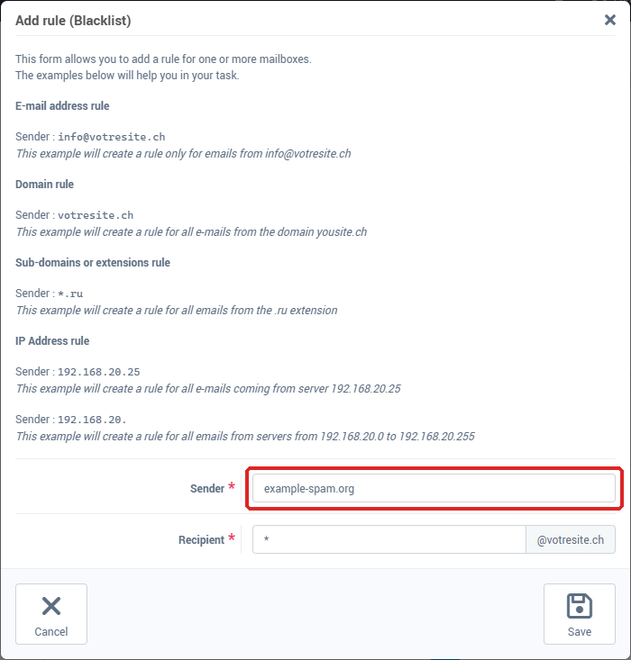 The Add rule (Blacklist) window with the Sender and Recipient fields