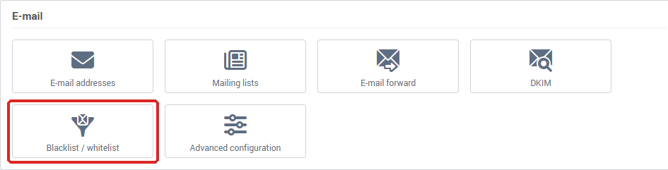 The Blacklist / whitelist tile in the E-mail card of Hosting management