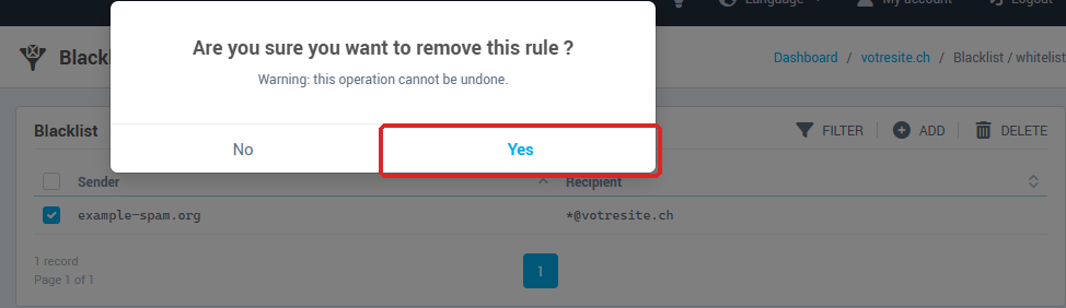 The confirmation window for deleting a rule