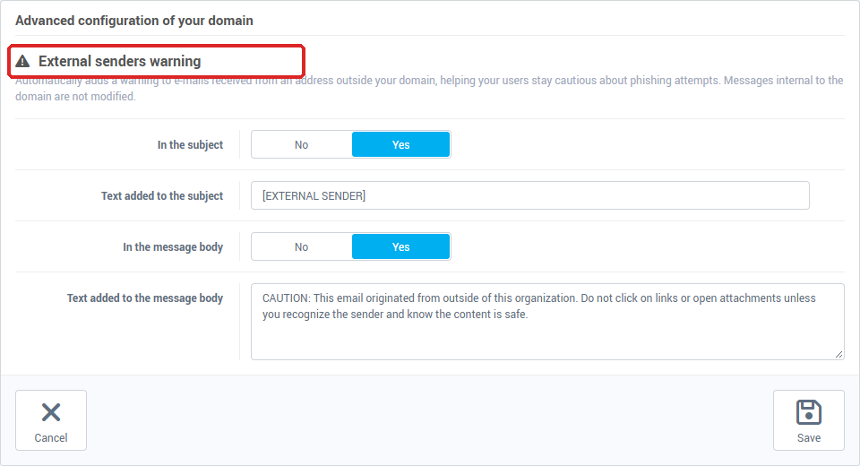 The Advanced configuration page with the External senders warning