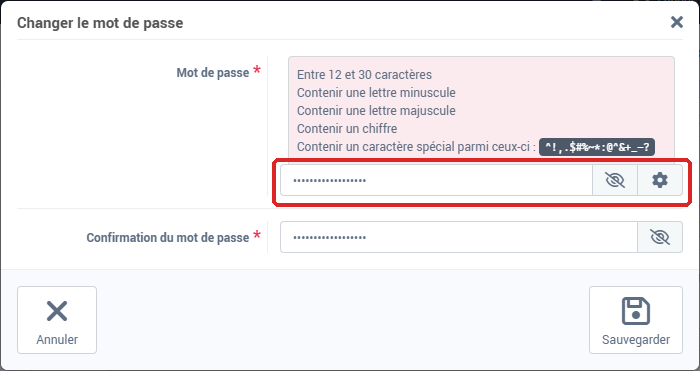La fenêtre Changer le mot de passe : Mot de passe et Confirmation du mot de passe