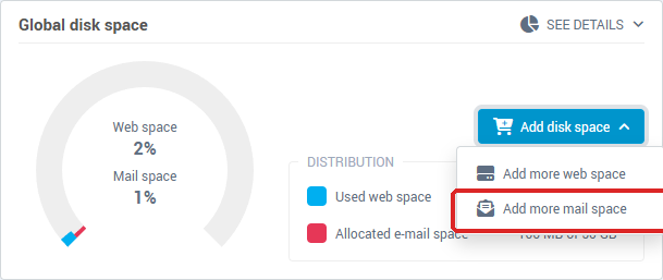 The Add disk space menu of the Global disk space card, with the Add more mail space option