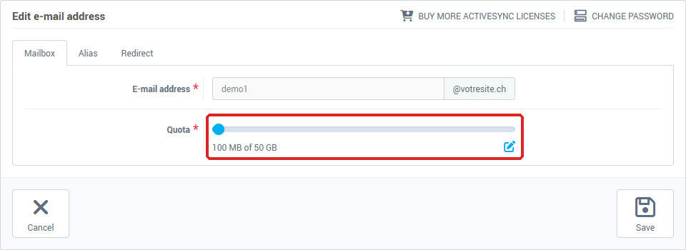 The Quota field of the edit page: slider and Edit value icon