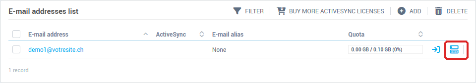 The e-mail addresses list: the Change password icon on the right of the row