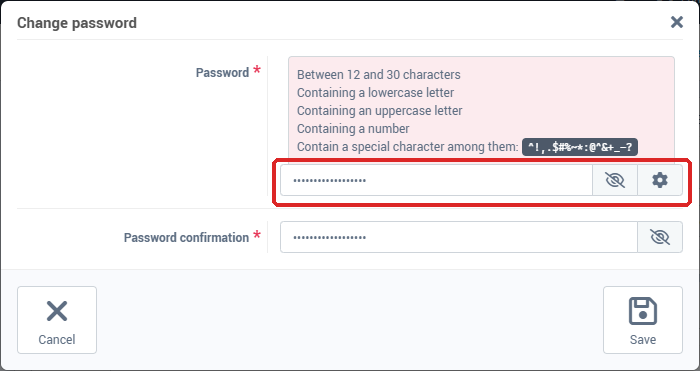The Change password window: Password and Password confirmation