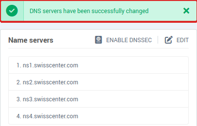 Confirmation message and list of the four name servers