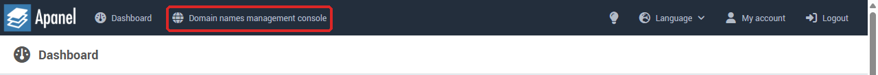 Domain names management console entry in the Apanel console menu