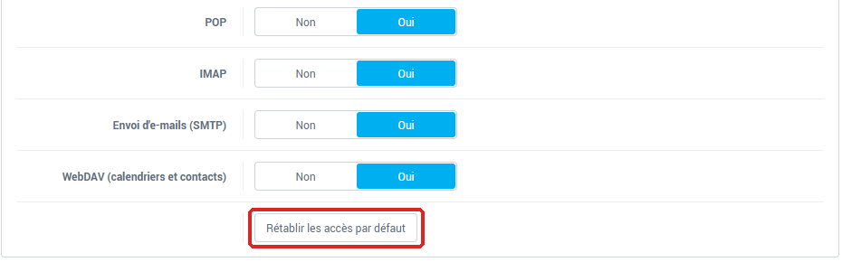 Bouton Rétablir les accès par défaut