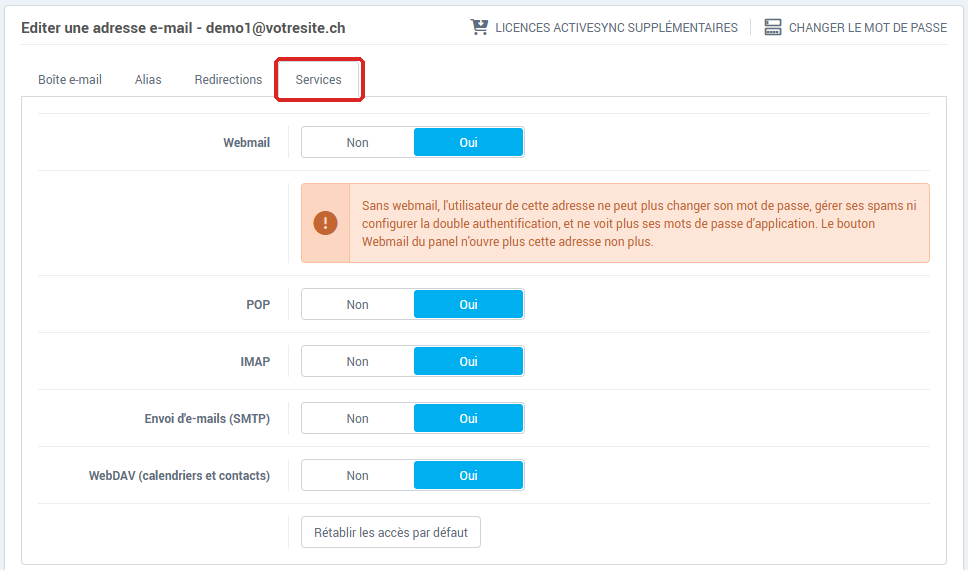 Onglet Services d'une adresse e-mail : Webmail, POP, IMAP, Envoi d'e-mails (SMTP), WebDAV