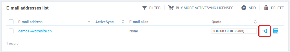 E-mail addresses list, with the address's Webmail button
