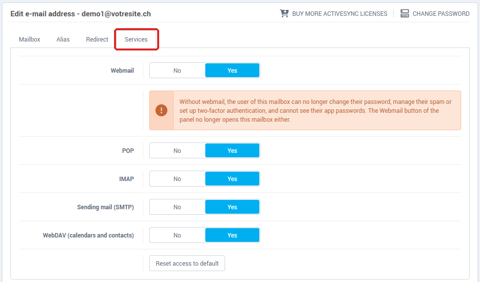 Services tab of an e-mail address: Webmail, POP, IMAP, Sending mail (SMTP), WebDAV