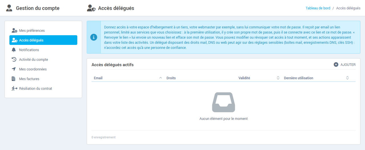 La page Accès délégués, ici sans aucun accès