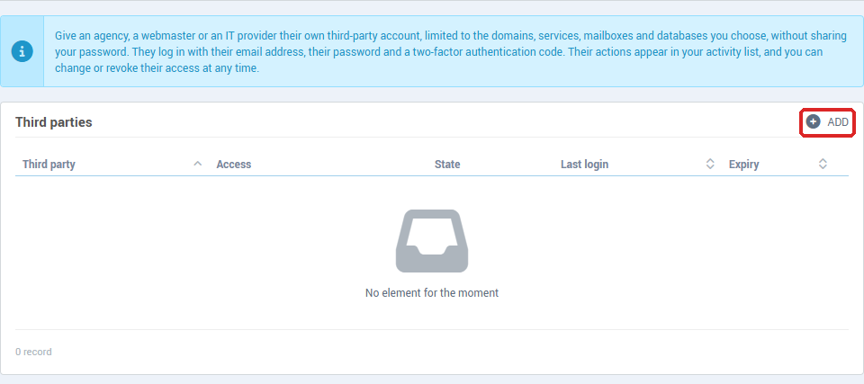 The Third-party access page once the terms are accepted, here with no third party