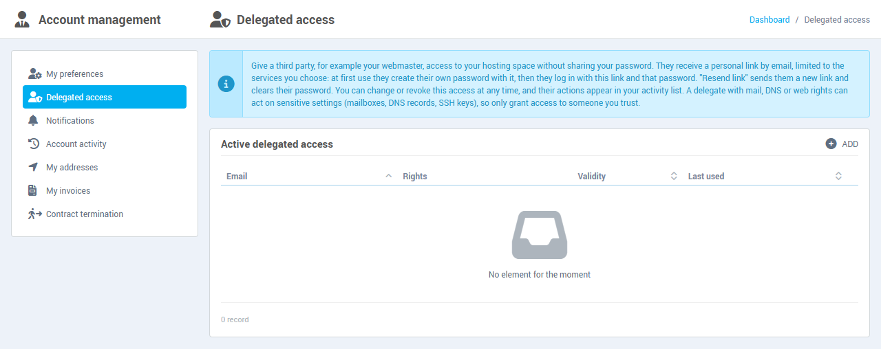 The Delegated access page, here with no access yet