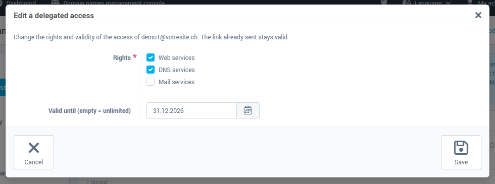 The Edit a delegated access window