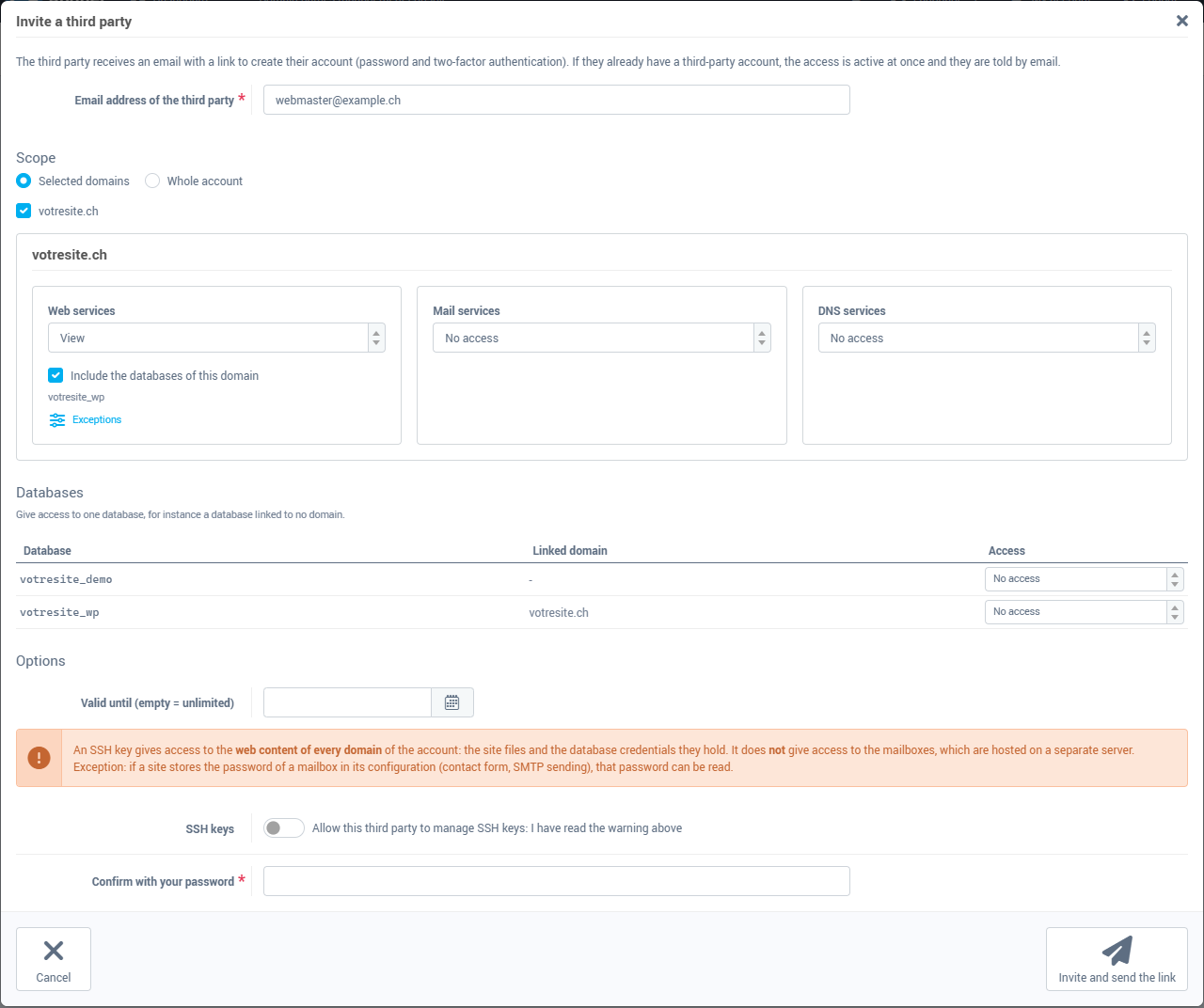 The Invite a third party window, with a domain selected
