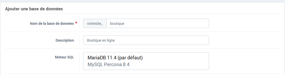Le champ Moteur SQL dans le formulaire d'ajout d'une base de données