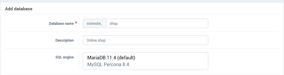 The SQL engine field in the Add database form