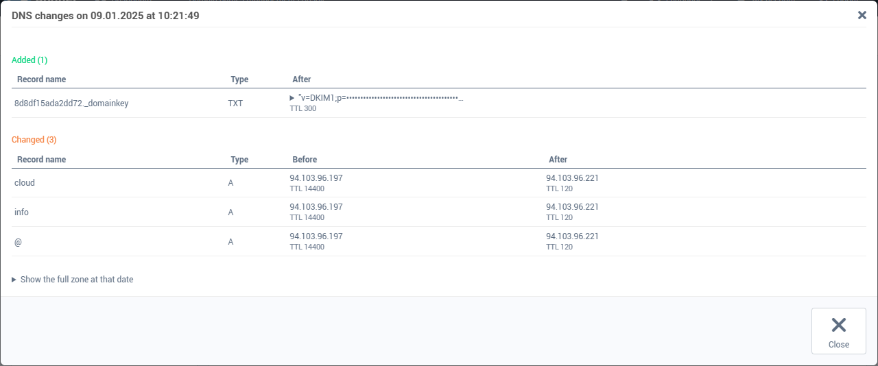 The details of a change: one TXT record added and three A records changed