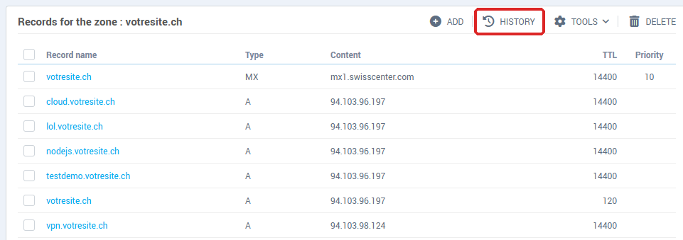 The Records for the zone box, with the History link between Add and Tools