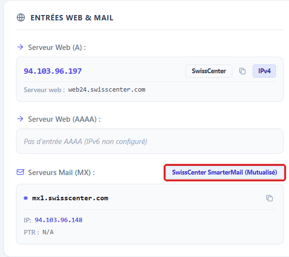 The Entrées Web & Mail card with the website's addresses and the MX servers