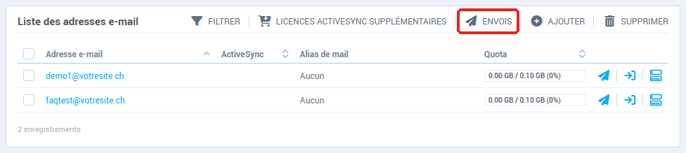 Le bouton Envois au-dessus de la liste des adresses e-mail